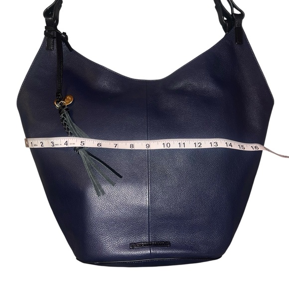 Like New Lucky Brand Azbi Genuine Leather Shoulder Bag Tote Elegant Navy Black - Picture 12 of 14